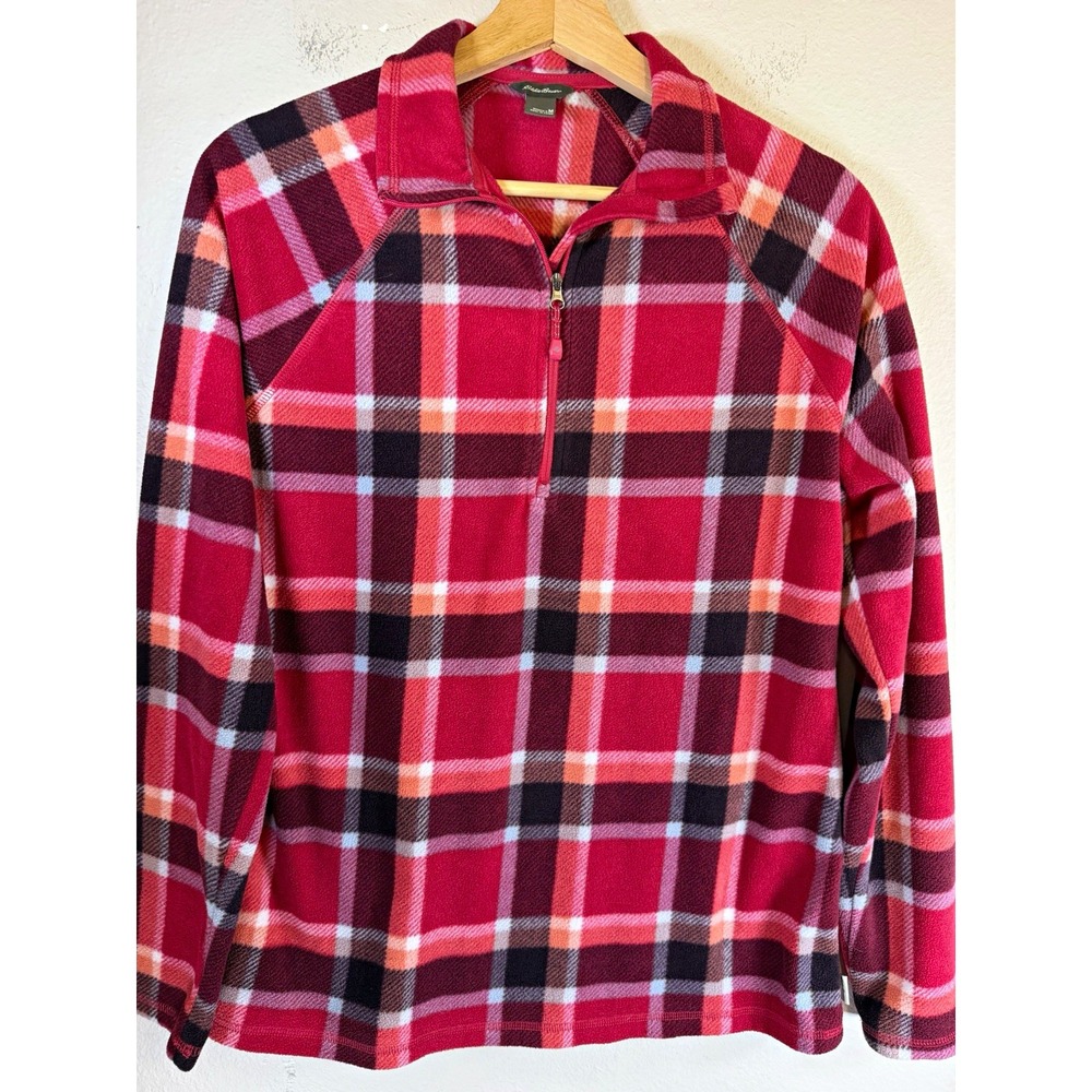 Eddie Bauer Womens M Red Plaid Fleece 1/4 Zip Pullover Mock Neck Sweatshirt